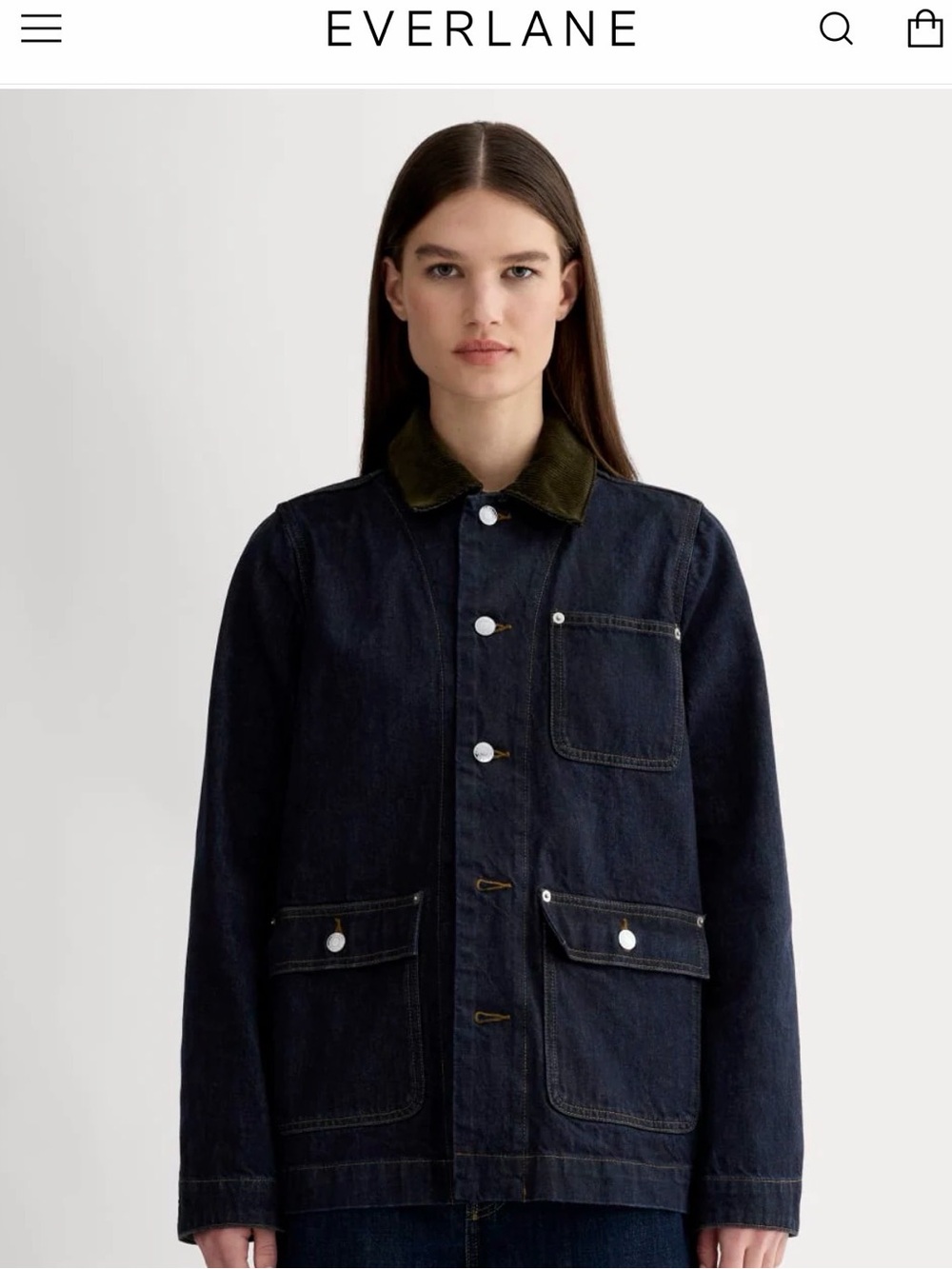 Everlane Dark Indigo Denim Jacket with Olive Collar